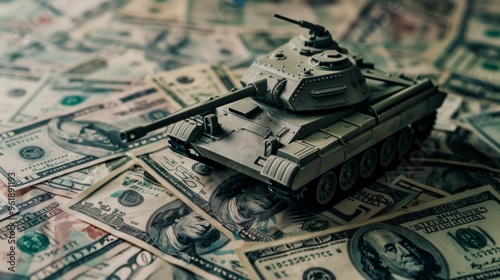 A miniature tank model is placed on a spread of US dollar bills, symbolizing the intersection of military and financial power.