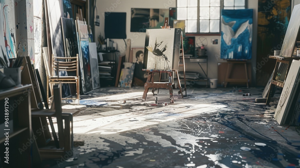 An artist's studio bathed in natural light, filled with canvases, paints, and tools, capturing the essence of creativity and inspiration. An artist's studio bathed in natural light, filled with canvases, paints, and tools, capturing the essence of creativity and inspiration.