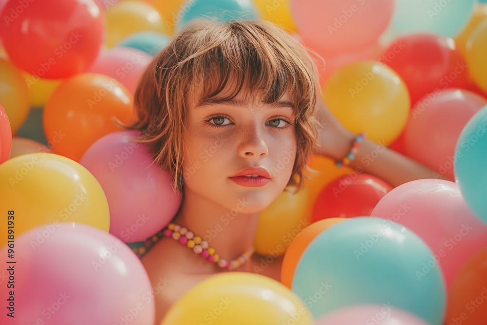 Obraz premium Cheerful Girl Surrounded by Colorful Balloons in Playful Atmosphere