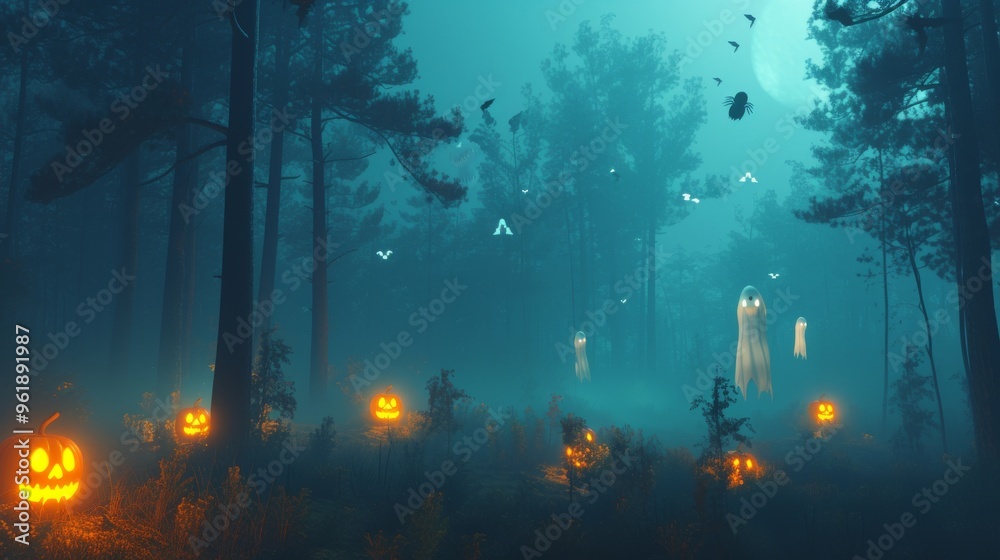 A haunted forest scene with floating ghosts and glowing jack-o'-lanterns lighting the misty path. The eerie blue light casts shadows across the trees, creating a spooky and mysterious Halloween A haunted forest scene with floating ghosts and glowing jack-o'-lanterns lighting the misty path. The eerie blue light casts shadows across the trees, creating a spooky and mysterious Halloween