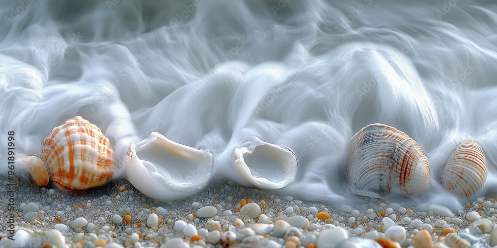Fototapeta premium Seashells on sandy shore with gentle waves washing over creating a peaceful coastal scene