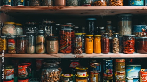 A well-stocked pantry shelf filled with jars and cans, showcasing a variety of preserved foods neatly organized and ready for use.