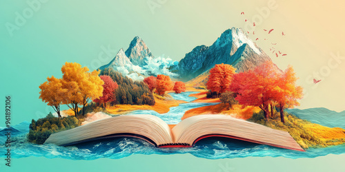 An open book with its pages transforming into a vibrant, colorful landscape, complete with trees, mountains, and rivers. photo