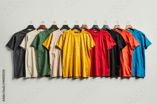 A captivating collection of colored t-shirt templates for men, featuring diverse fabric textures and prints. Each template is displayed individually to highlight its unique style and appeal.