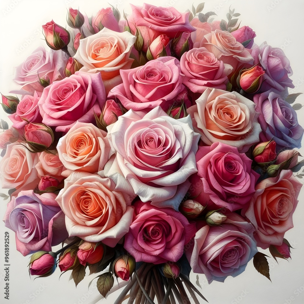 A vibrant garden filled with various roses in bloom, with colors ranging from deep red to soft pink and pure white. The scene is set during sunrise, with soft rays of light filtering through the dew-c A vibrant garden filled with various roses in bloom, with colors ranging from deep red to soft pink and pure white. The scene is set during sunrise, with soft rays of light filtering through the dew-c