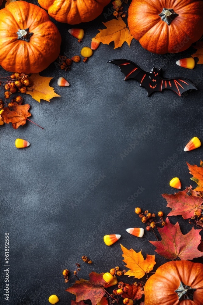 A black background with orange pumpkins and candy corn A black background with orange pumpkins and candy corn