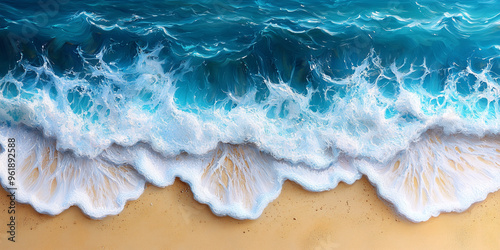 Aerial view of ocean waves crashing on a sandy beach with foamy white surf


