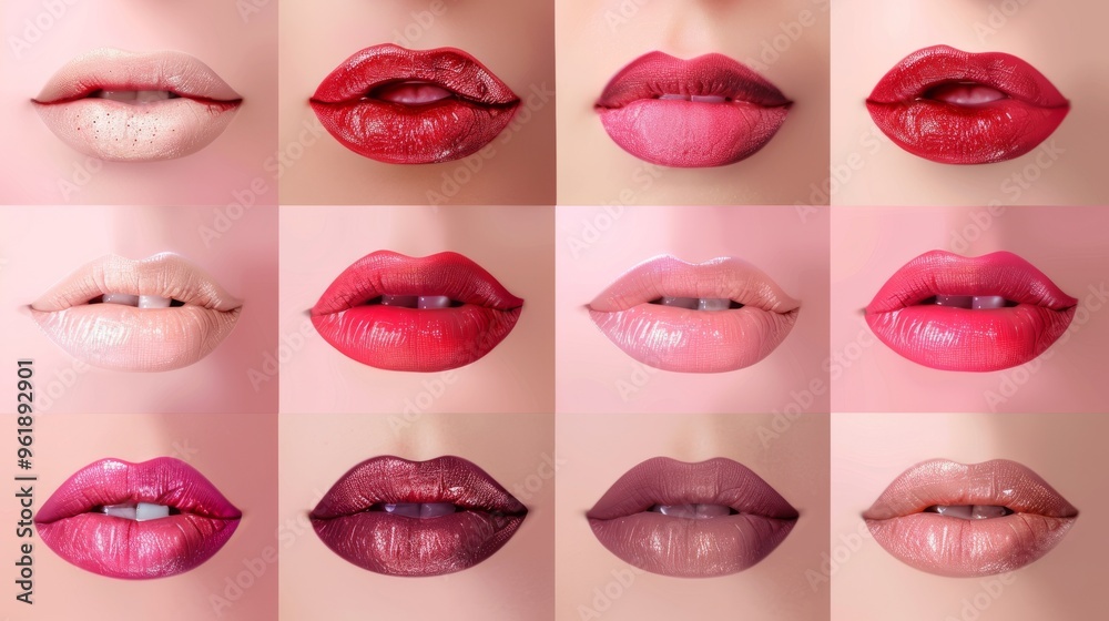 A grid of 12 close-up images showcases a variety of vibrant and glossy lipstick shades on a model's lips, reflecting different styles and tones. A grid of 12 close-up images showcases a variety of vibrant and glossy lipstick shades on a model's lips, reflecting different styles and tones.