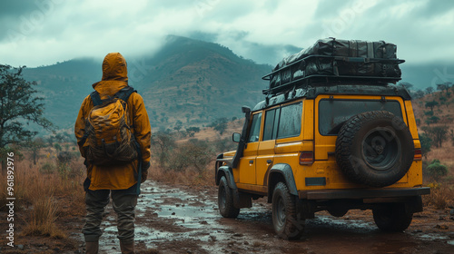 An adventurous traveler stands before a rugged off-road vehicle equipped for journeying, gazing at the misty mountains ahead, embodying the spirit of exploration and adventure