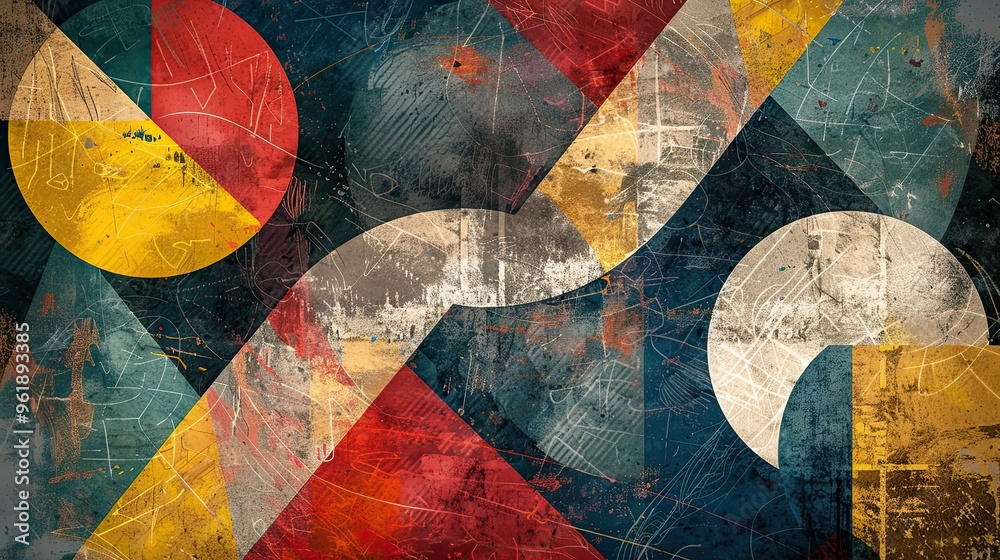 Overlapping triangles and circles in primary colors on a Bauhaus background with shadows and textures Overlapping triangles and circles in primary colors on a Bauhaus background with shadows and textures