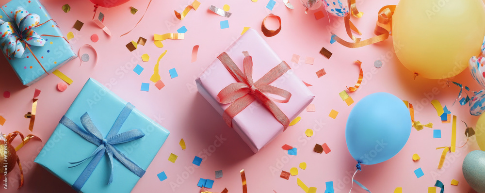 A birthday-themed flat lay with colorful gifts, confetti, streamers, and balloons, perfect for a celebratory mood. A birthday-themed flat lay with colorful gifts, confetti, streamers, and balloons, perfect for a celebratory mood.