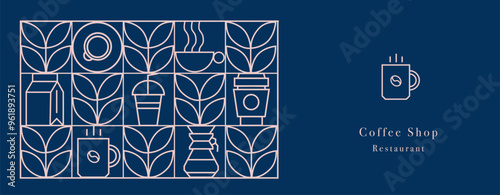 Hand drawn illustration of Bakery and Coffee. Icons. Abstract geometric line background. Gold luxury. Pattern for cover design, food package, menu, background, café wall, coffee shop, web banner