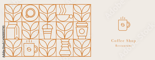 Hand drawn illustration of Bakery and Coffee. Icons. Abstract geometric line background. Gold luxury. Pattern for cover design, food package, menu, background, café wall, coffee shop, web banner