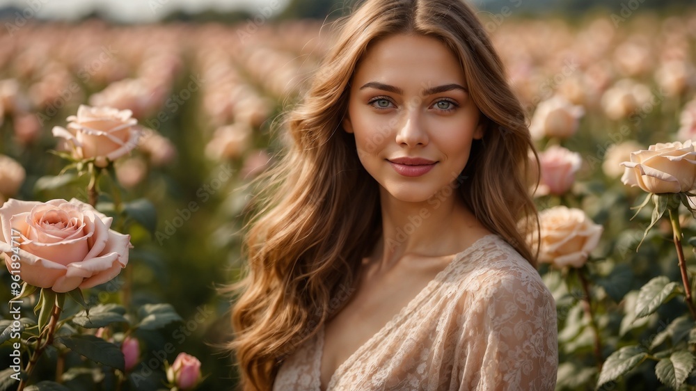 medium shot of beautiful girl with curly hair on the flower field medium shot of beautiful girl with curly hair on the flower field