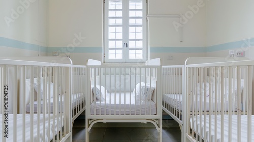 A serene nursery with multiple cribs, bathed in soft, natural light exuding a peaceful and welcoming atmosphere for newborns.