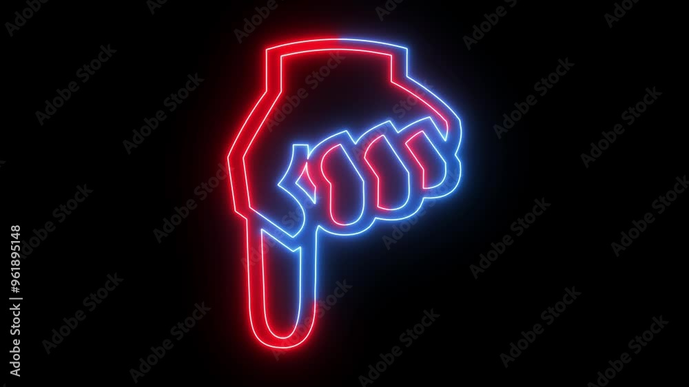 Abstract down directions icon animation with neon shine on black background.
