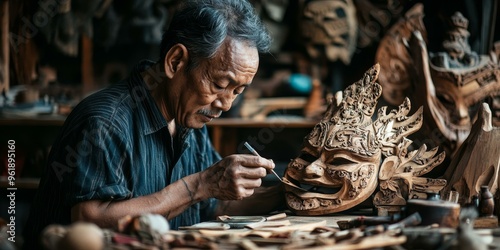 Man carefully carving intricate wooden mask. photo