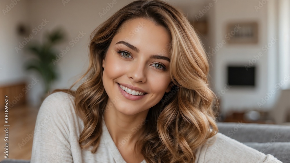 close up of beautiful smiling girl with curly blonde hairIn a Cozy Bedroom close up of beautiful smiling girl with curly blonde hairIn a Cozy Bedroom