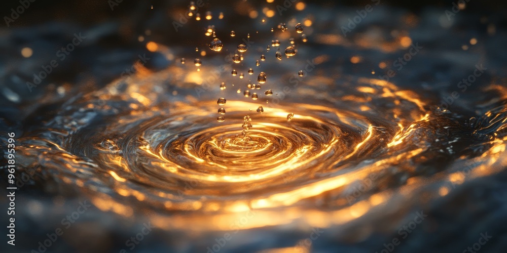 Water drops fall, creating golden ripples. Water drops fall, creating golden ripples.