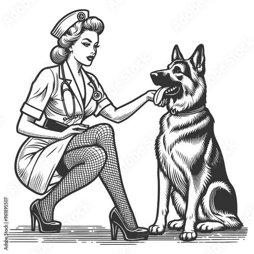 pin-up veterinarian petting a German Shepherd dog, retro fashion with sketch engraving generative ai fictional character vector illustration. Scratch board imitation. Black and white image.