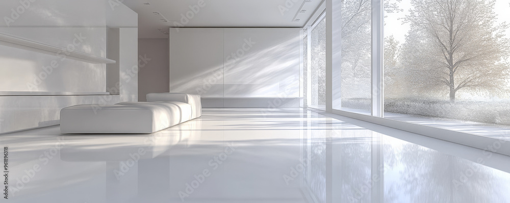 Fototapeta premium A modern 3D white room with large windows casting natural light onto glossy white floors and smooth, minimalistic furniture. Soft, subtle textures on the walls.