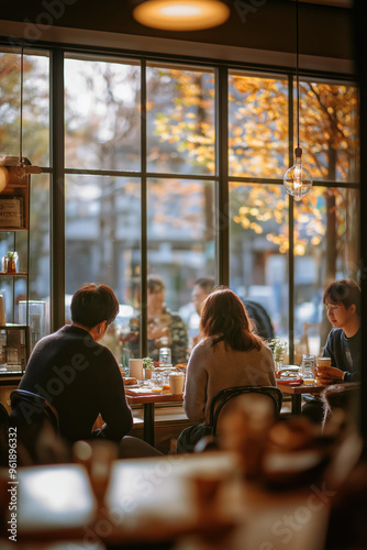 A Couple Enjoying A Cup Of Coffee, With The Background Of The Coffee Shop And Its Customers Blurred.