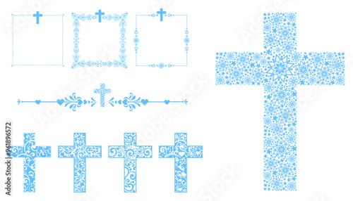 Cross icons set. Obituary notice - art deco frames with cross. Collection of Christian Symbol design elements isolated on White background. Set of blue and white vintage decorative Christian crosses.