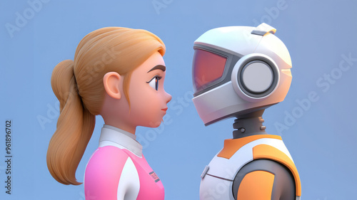 A woman with a ponytail and a robot facing each other on a light blue background, illustrating human-robot interaction. photo