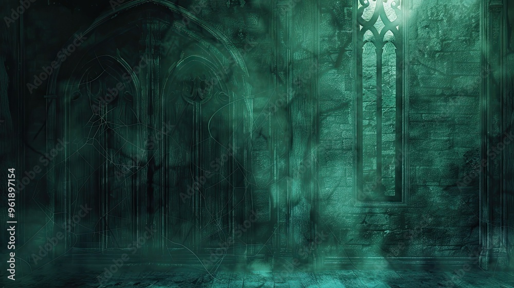 Gothic backdrop featuring dark wood textures carvings and green light accents Gothic backdrop featuring dark wood textures carvings and green light accents