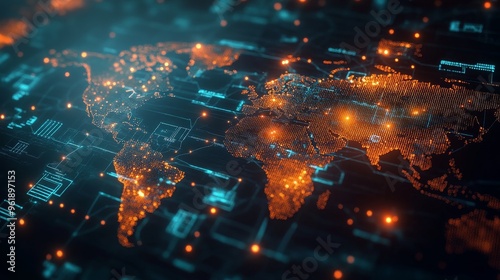 A digital world map illuminated by glowing data points, representing global connectivity and technological advancement.