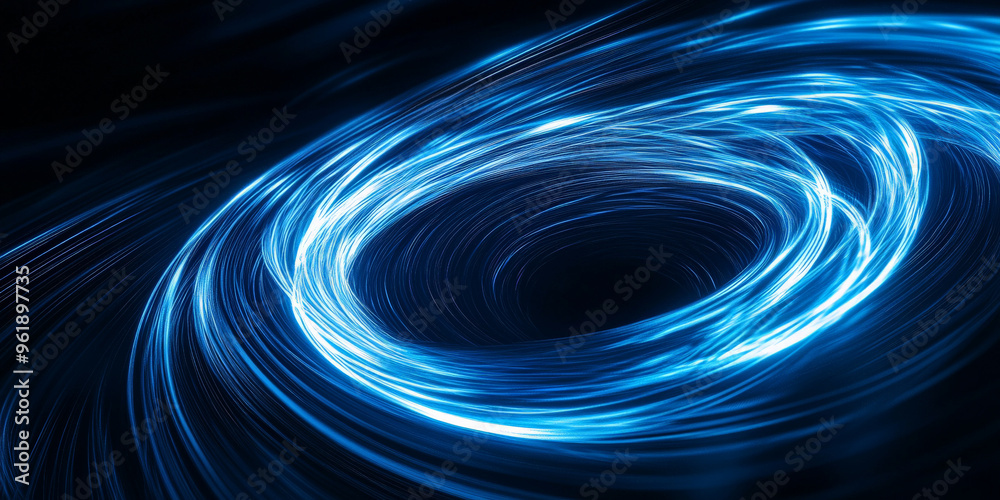 Fototapeta premium Bright electric blue light trails twisting in a spiral around a black void, creating a sense of depth and dynamic movement.