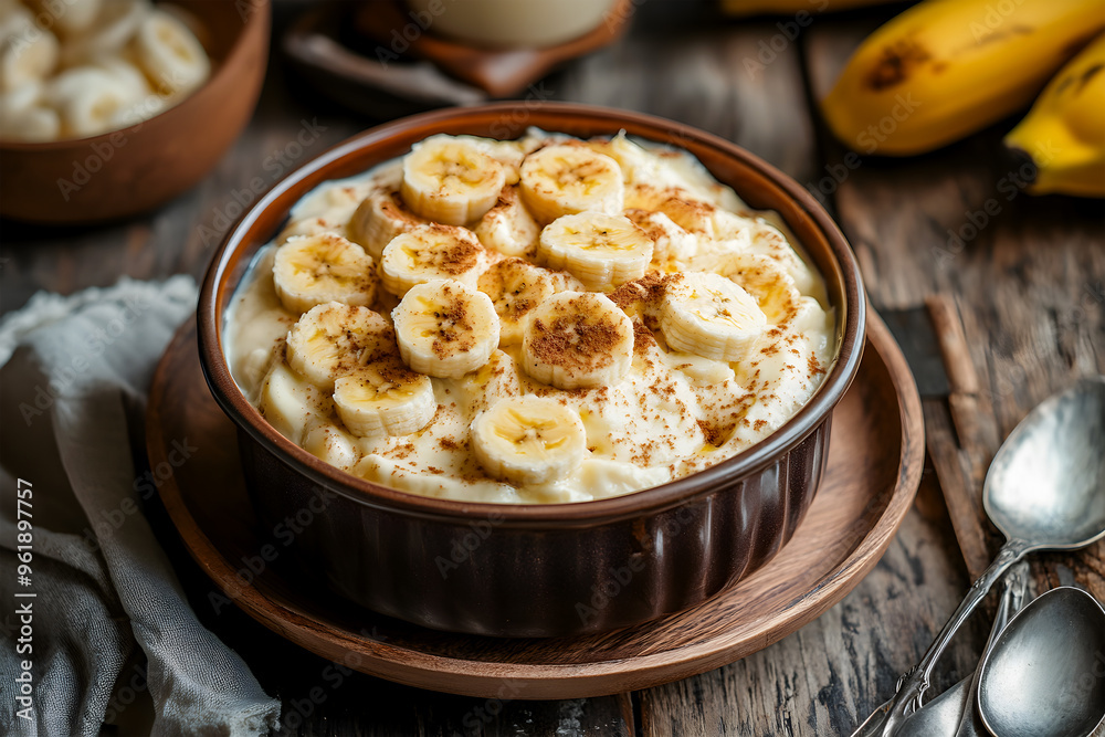 View of Nutritious Delicious ripe Banana Pudding in a bowl View of Nutritious Delicious ripe Banana Pudding in a bowl
