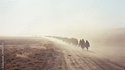 A line of robed figures walks through a hazy, expansive landscape, suggesting a historical or fantastical journey filled with mystery.