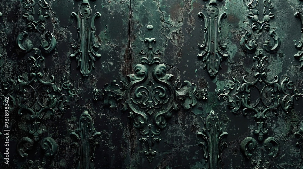 Dark metal gothic background with embossed patterns and glowing green light Dark metal gothic background with embossed patterns and glowing green light