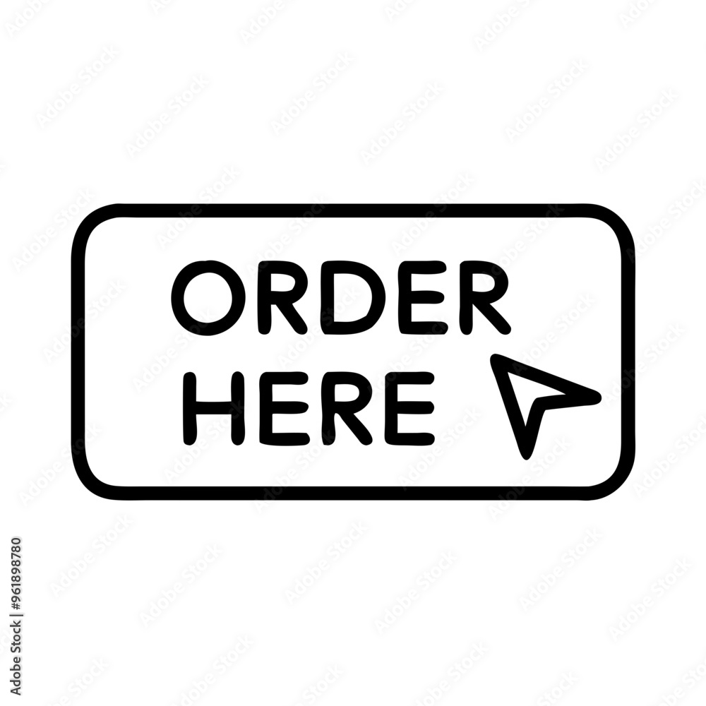 Order here sign with arrow, black and white rectangular icon Order here sign with arrow, black and white rectangular icon