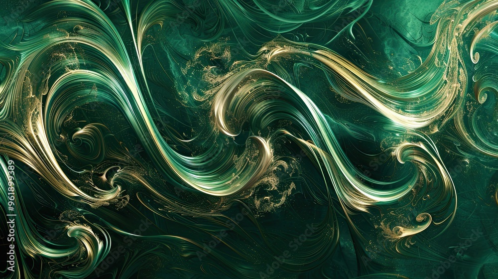 Elongated swirls in emerald and bronze with intricate patterns background