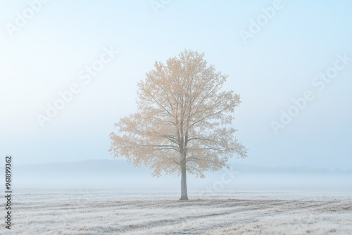 A solitary tree in the middle of a foggy field under a clear sky, symbolizing tranquility, loneliness, and nature's beauty.