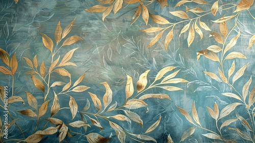 Elaborate foliage wallpaper in turquoise and gold with glowing accents