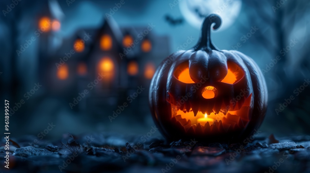 A carved pumpkin glows eerily against a dark night with a haunted house backdrop A carved pumpkin glows eerily against a dark night with a haunted house backdrop