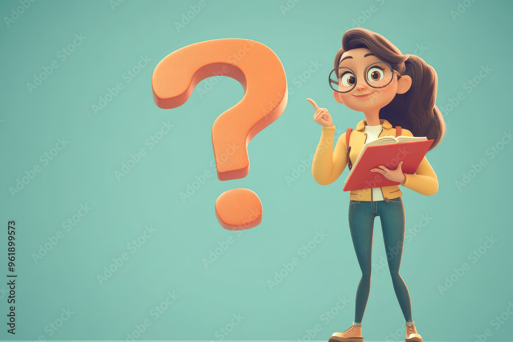 A young girl with long hair, wearing casual clothes, is pointing at a large orange question mark and holding a clipboard. A young girl with long hair, wearing casual clothes, is pointing at a large orange question mark and holding a clipboard.