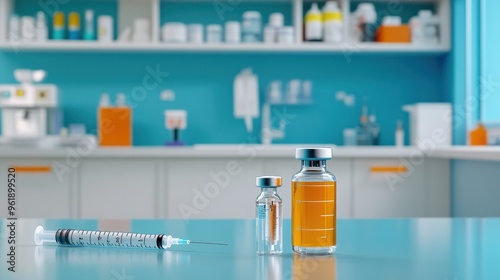 Syringe and Vaccine Vials on a Blue Table in a Medical Lab