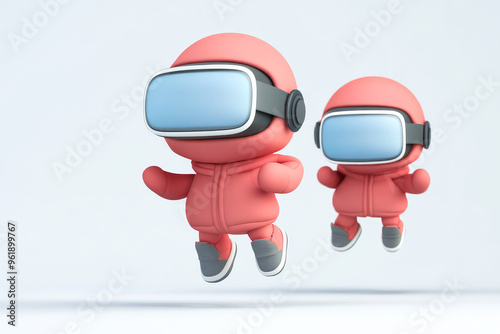 Two cartoon figures in red jumpsuits and VR glasses floating on a white background, 3D rendering, representing gaming or VR. photo