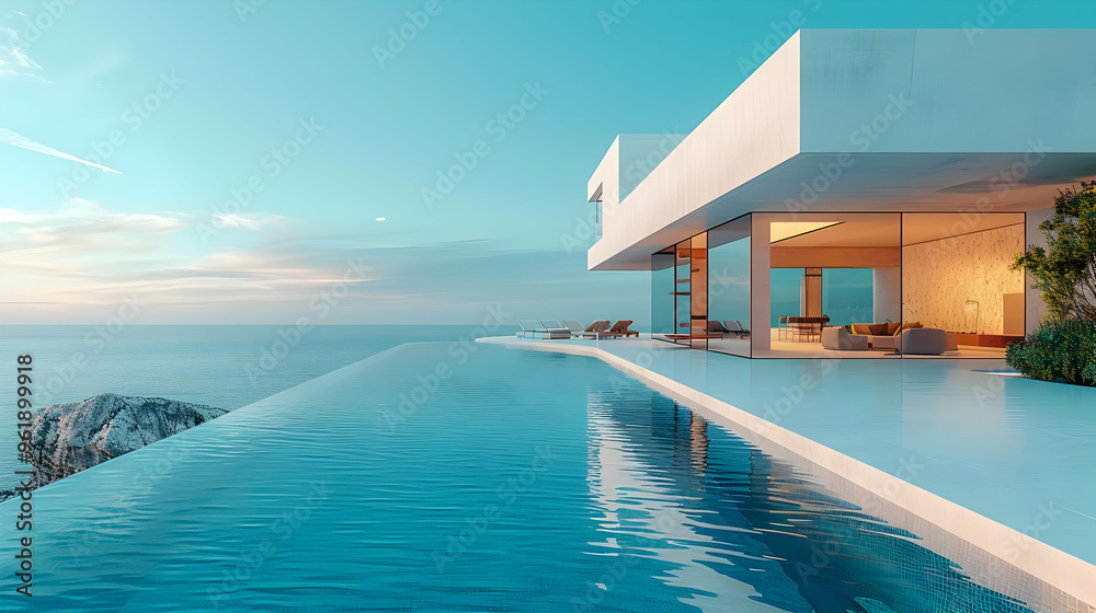 Modern Minimalist House With Infinity Pool Overlooking Ocean 3D Illustration Modern Minimalist House With Infinity Pool Overlooking Ocean 3D Illustration