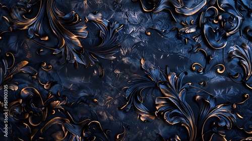 Mannerism background with twisted vine patterns in indigo and bronze glowing textures