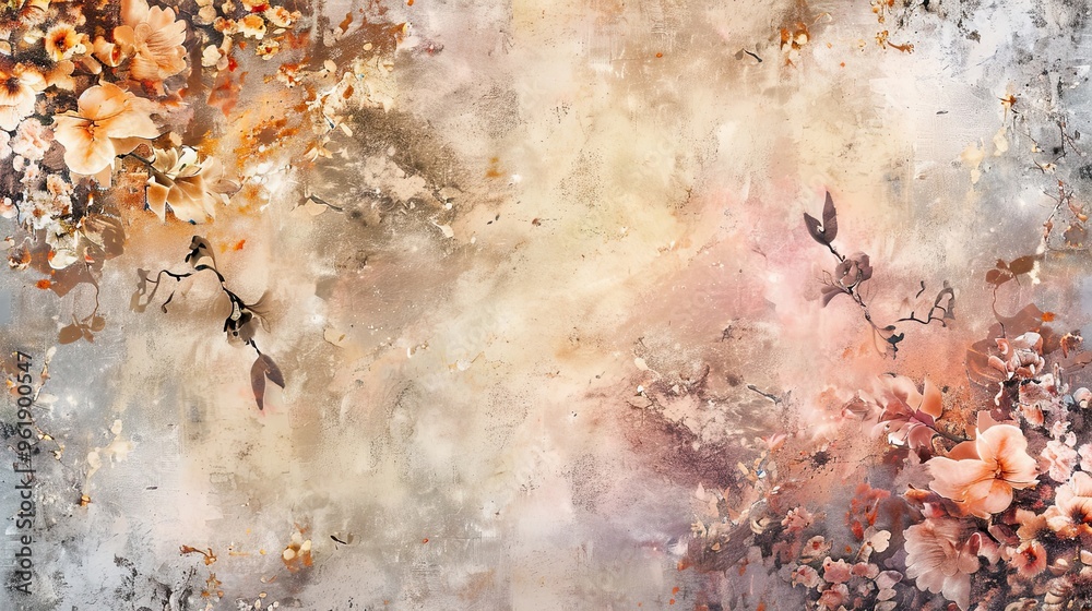 Naklejka premium Mannerism wallpaper in blush and gold featuring floral designs glowing shadowy accents