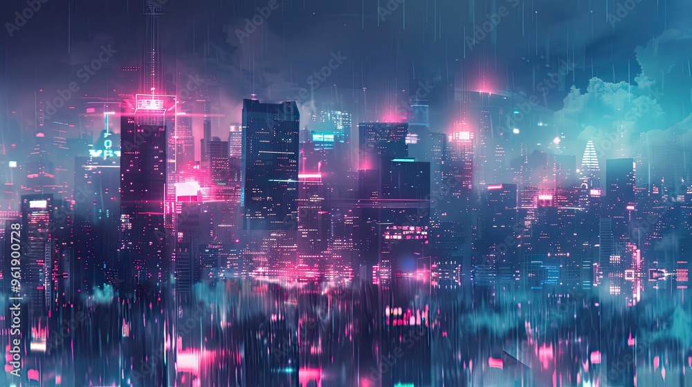 Lofi wallpaper showcasing a city skyline at night with glowing neon lights and haze Lofi wallpaper showcasing a city skyline at night with glowing neon lights and haze