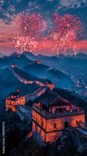 Great Wall of China with fireworks at night