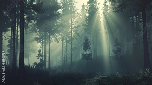 Lofi wallpaper of a foggy forest glowing mist over tall trees casting soft shadows