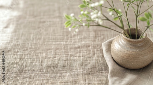A simple still life of a small vase with white flowers on a linen tablecloth.