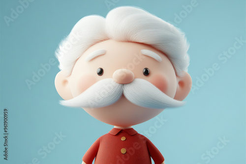 A 3D animated elderly man with white hair and moustache, wearing a red shirt, smiling warmly against a blue background.